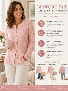 Bedford Fair Pink Cable Knit Cardigan Button Front Classic Sweater Preppy